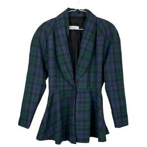Vintage Le Chateau Green Blue Plaid Peplum Jacket Blazer Size 9